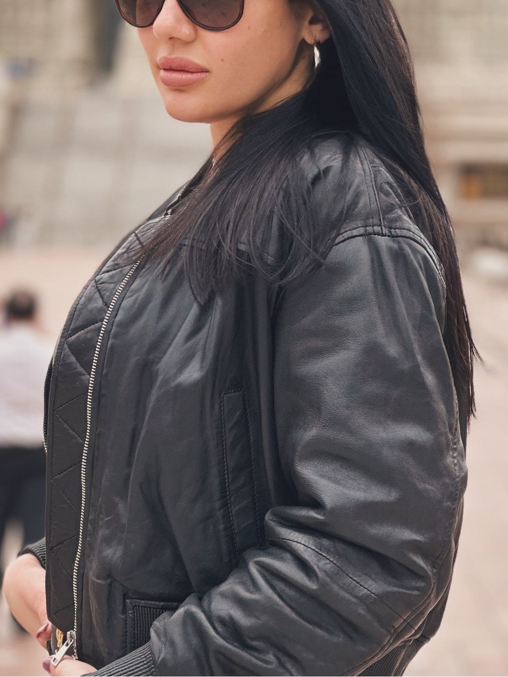 Mango Women Black Leather Bomber Jacket